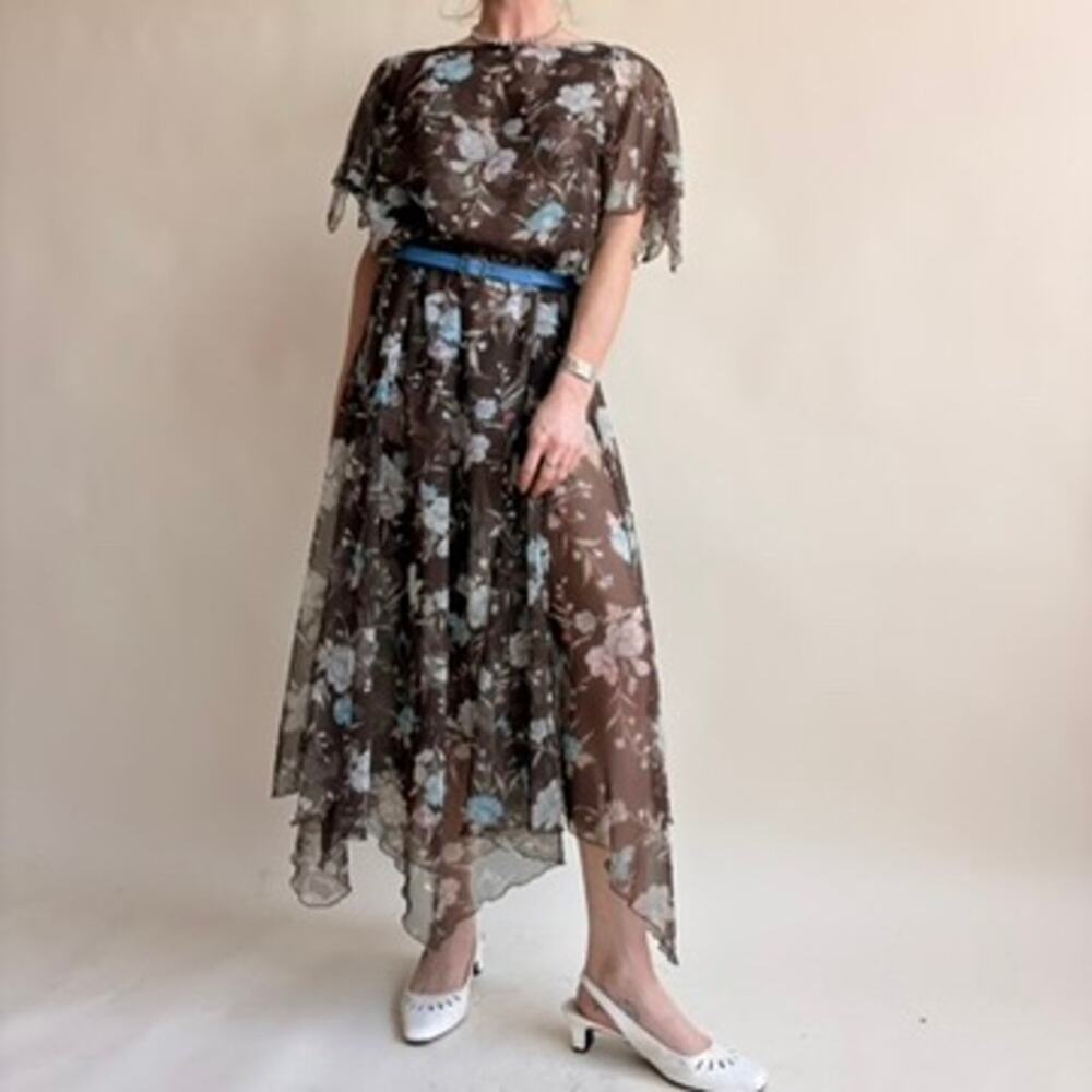 Saks Fifth Ave Jeri Modes Floral Dress - Brown & Blue, Organza Layers, One Size